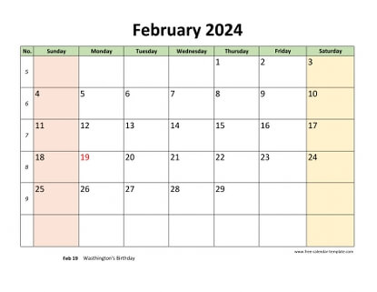 february 2024 calendar colored horizontal