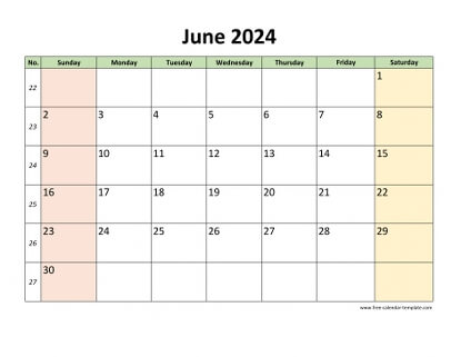 june 2024 calendar colored horizontal