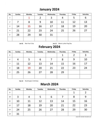 monthly 2024 calendar three months vertical