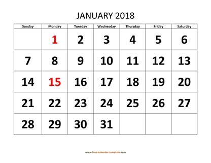 January 2018 Calendar designed with large font (horizontal) | Free ...