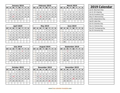 2019 calendar holidays right horizontal