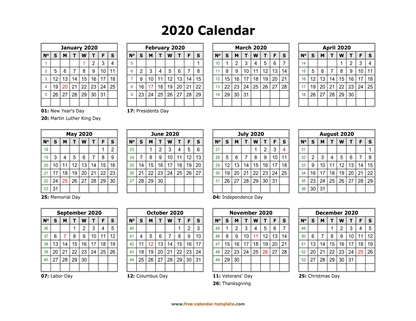 2020 calendar holidays month horizontal