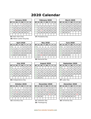 2020 calendar holidays month vertical