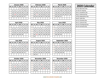 2020 calendar holidays right horizontal