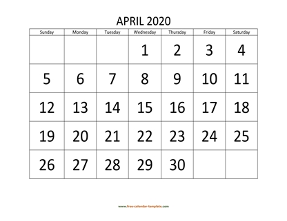 april 2020 calendar bigfont horizontal