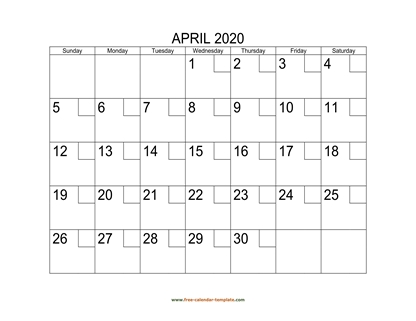 april 2020 calendar checkboxes horizontal