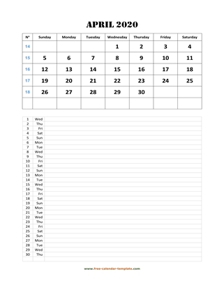 april 2020 calendar daily notes vertical