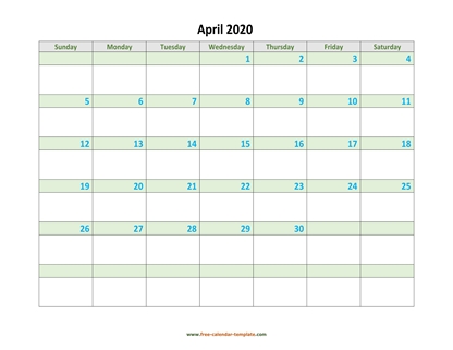 april 2020 calendar daycolored horizontal