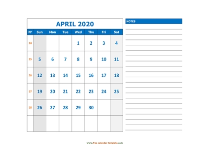 april 2020 calendar largenotes horizontal