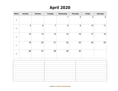 april 2020 calendar notes horizontal