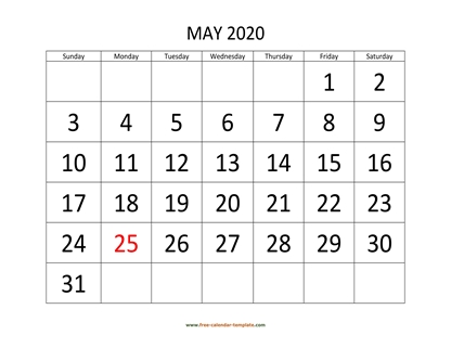 may 2020 calendar bigfont horizontal