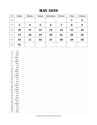 may 2020 calendar daily notes vertical