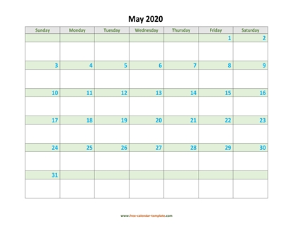 may 2020 calendar daycolored horizontal