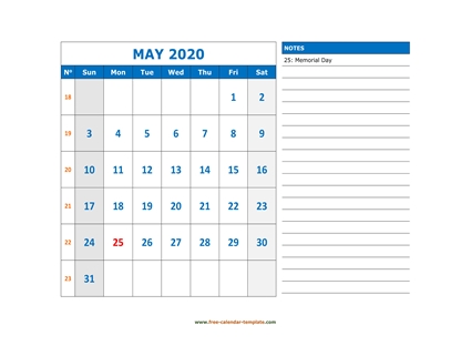 may 2020 calendar largenotes horizontal