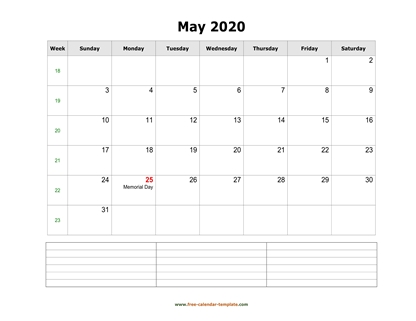 may 2020 calendar notes horizontal