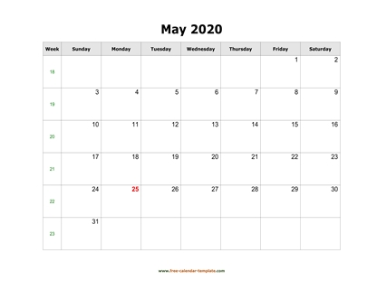 may 2020 calendar simple horizontal