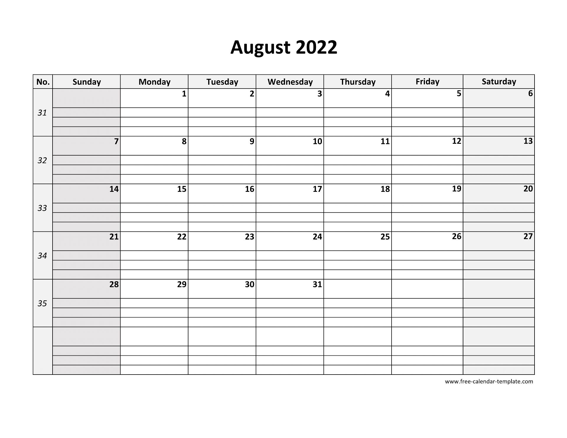 August 2022 Calendar Free Printable With Grid Lines Designed horizontal Free calendar 