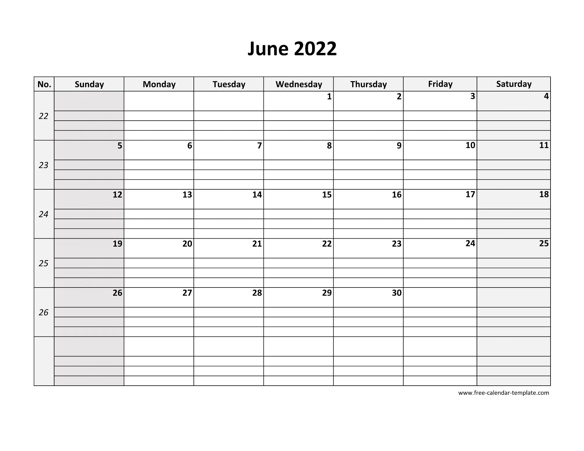 June 2022 Calendar Free Printable With Grid Lines Designed horizontal Free calendar template