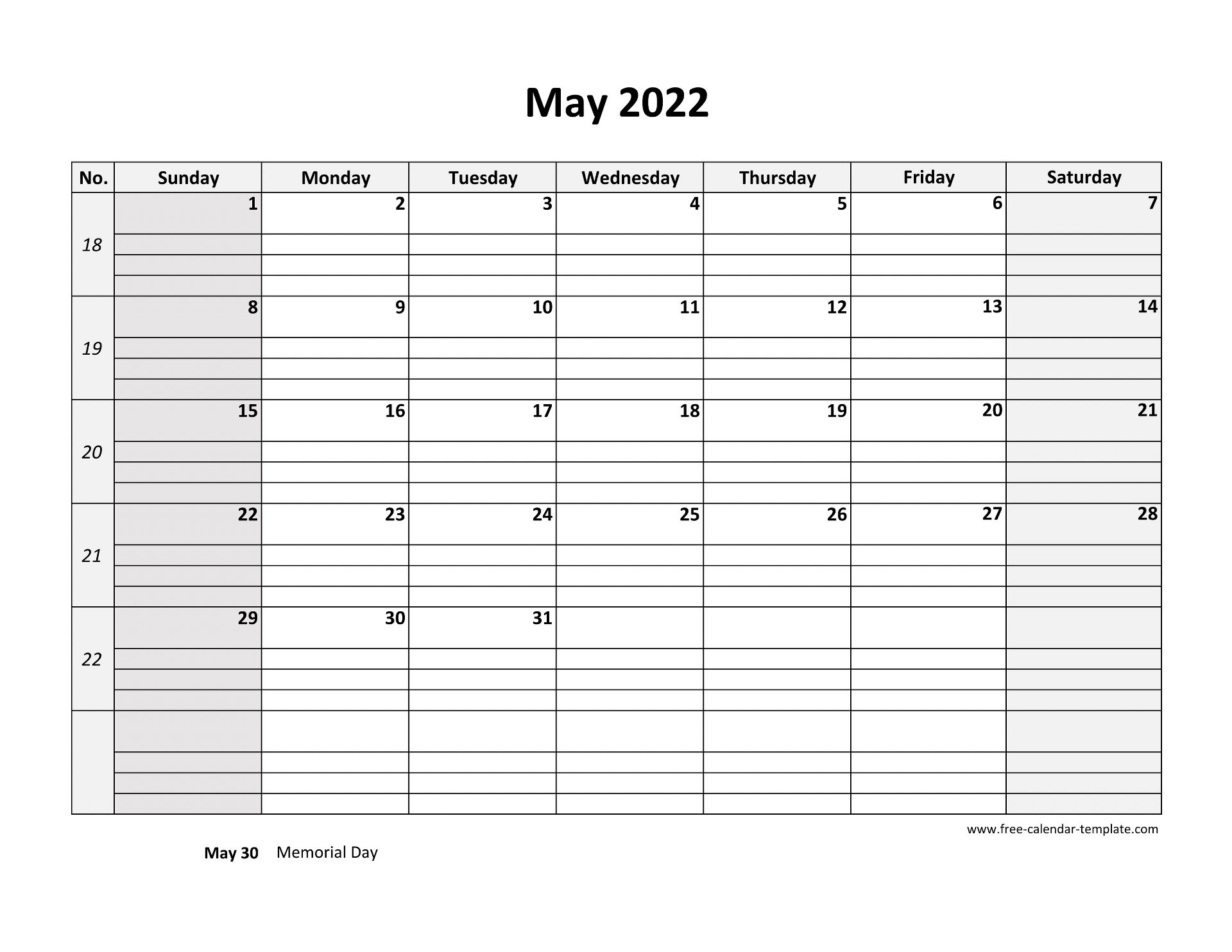 May 2022 Calendar Free Printable With Grid Lines Designed horizontal Free calendar template