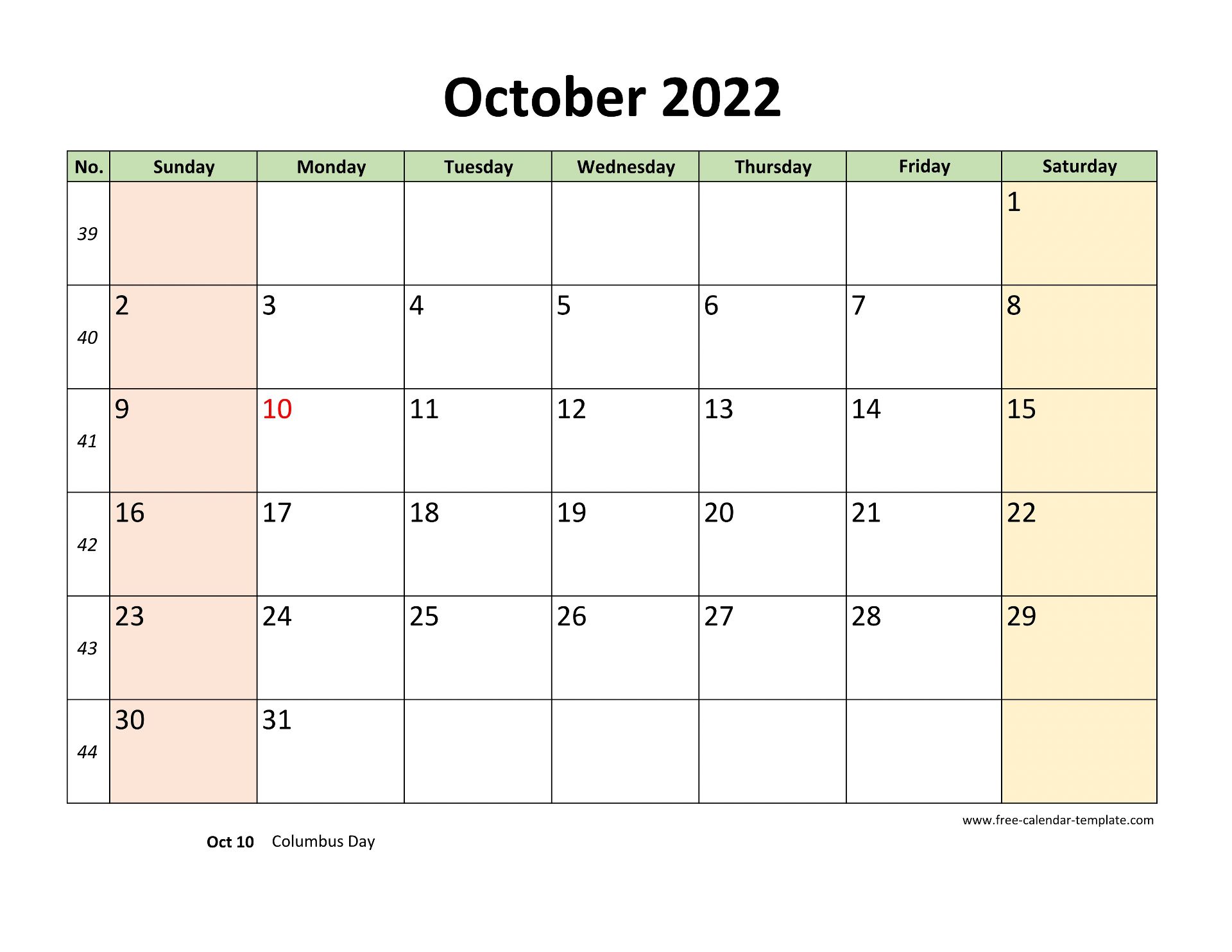 October 2022 Calendar Template Word