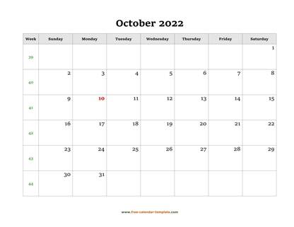 printable october 2022 calendar with big box