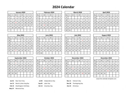 2024 Year Calendar Template with US Holidays - Free Printable Templates