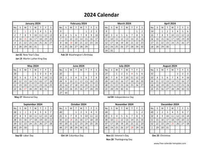 Yearly calendar 2024 printable with federal holidays | Free-calendar ...