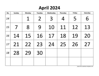 April 2024 Calendar designed with large font (horizontal) | Free ...