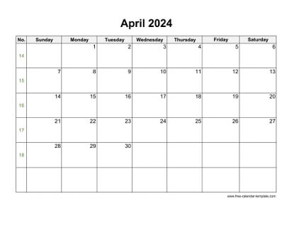 April 2024 Calendar Free Printable with grid lines designed (horizontal
