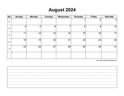 august 2024 calendar notes horizontal