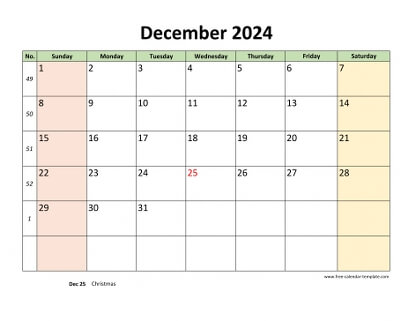 December 2024 Calendar Printable with coloring on weekend (horizontal ...