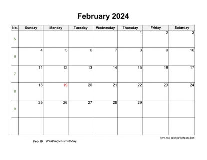 February Calendar 2024 Printable with checkboxes (horizontal) | Free