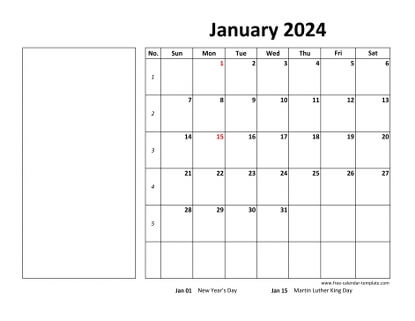 Printable January 2024 Calendar (box and lines for notes) | Free ...