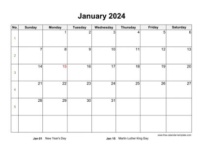 Free 2024 Calendar Blank January Template (horizontal) Free calendar