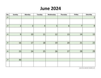 June Calendar 2024 simple design with large box on each day for notes ...