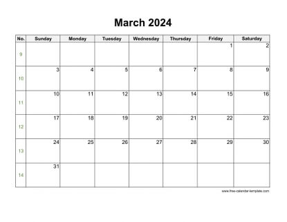 Free 2024 Calendar Blank March Template (horizontal) | Free-calendar ...
