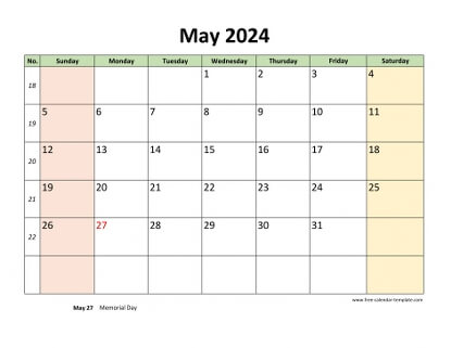May 2024 Calendar Printable with coloring on weekend (horizontal ...