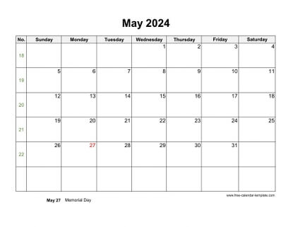 May 2024 Calendar Free Printable with grid lines designed (horizontal ...
