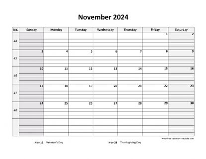 November 2024 Calendar Printable with coloring on weekend (horizontal ...