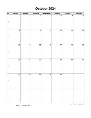 2024 October Calendar (Blank Vertical Template) Free calendar