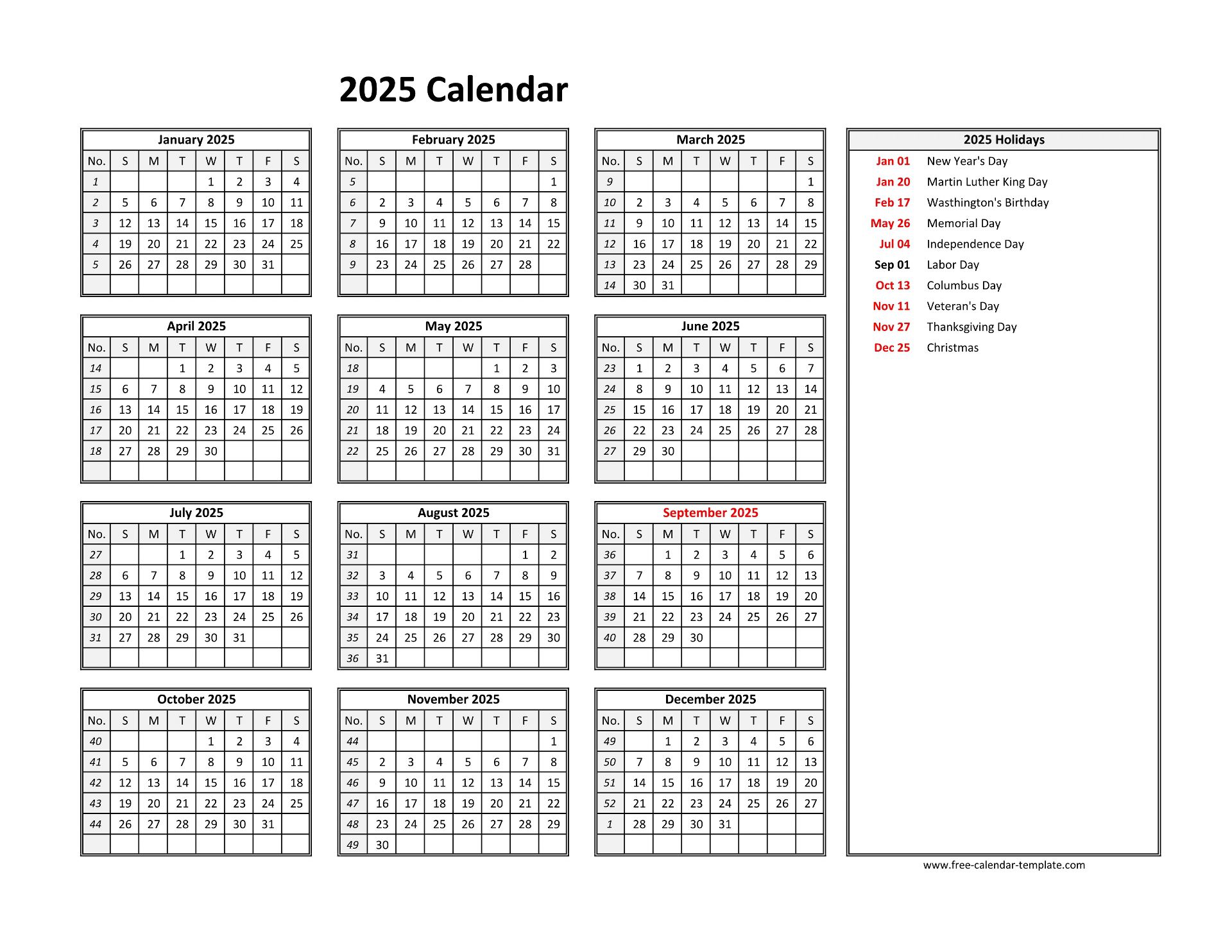 Free Printable 2025 Monthly 2025 Calendar With Holidays Usainteanne Bambi Marleah