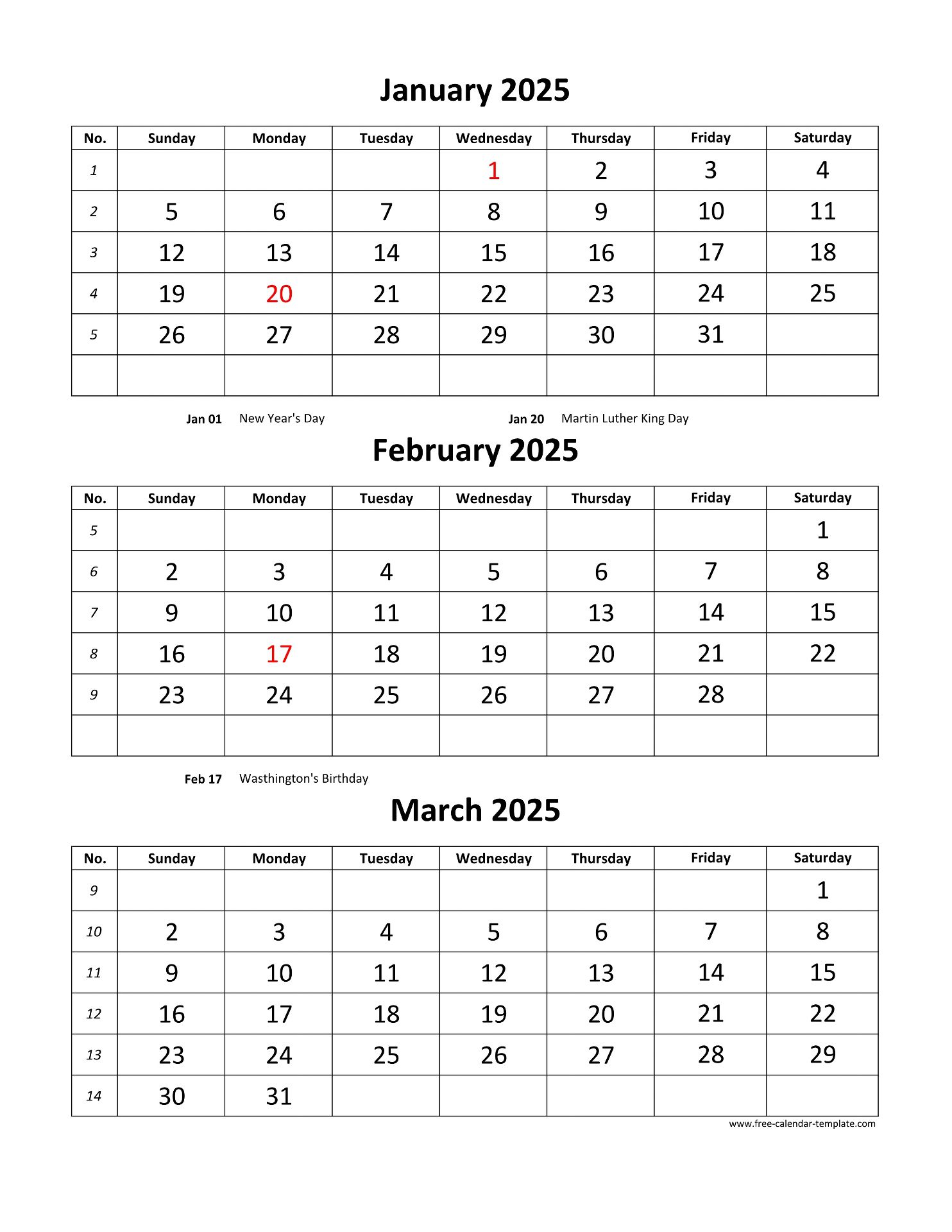 Free Monthly Calendar 2025 3 Months Per Page vertical Free calendar template