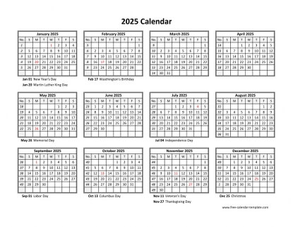 Yearly calendar 2025 printable with federal holidays | Free-calendar ...