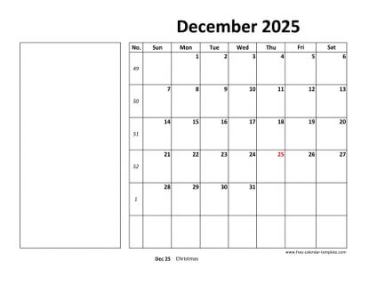 december 2025 calendar boxnotes horizontal