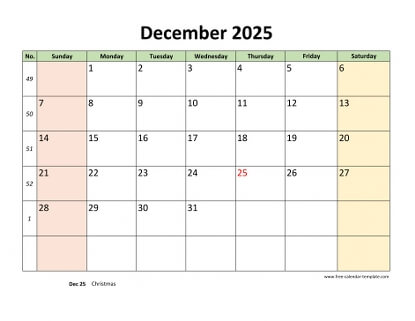 december 2025 calendar colored horizontal