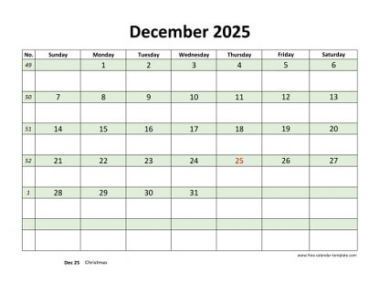 december 2025 calendar daycolored horizontal