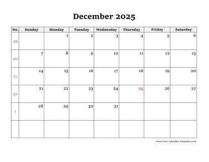 december 2025 calendar simple horizontal