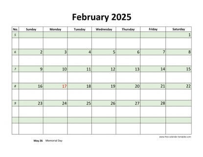 february 2025 calendar daycolored horizontal