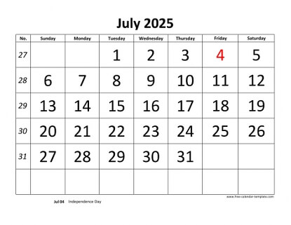 july 2025 calendar bigfont horizontal