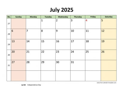 july 2025 calendar colored horizontal